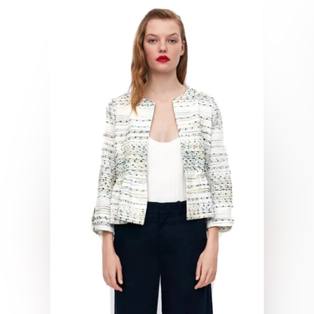 Zara White Tweed Collarless Jacket with Subtle Multicolor Threading
